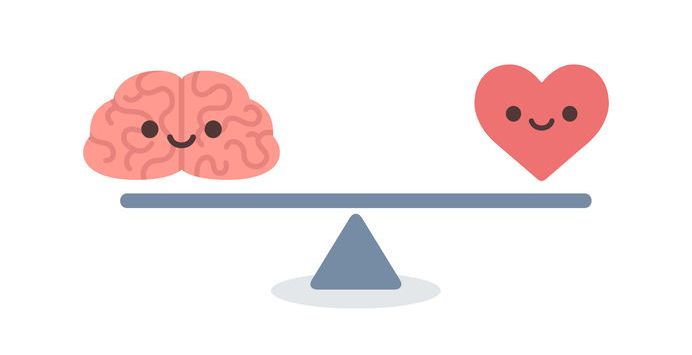 Image of a seesaw, with a brain on the left and a heart on the right. Both have a smiley face drawn over them.
